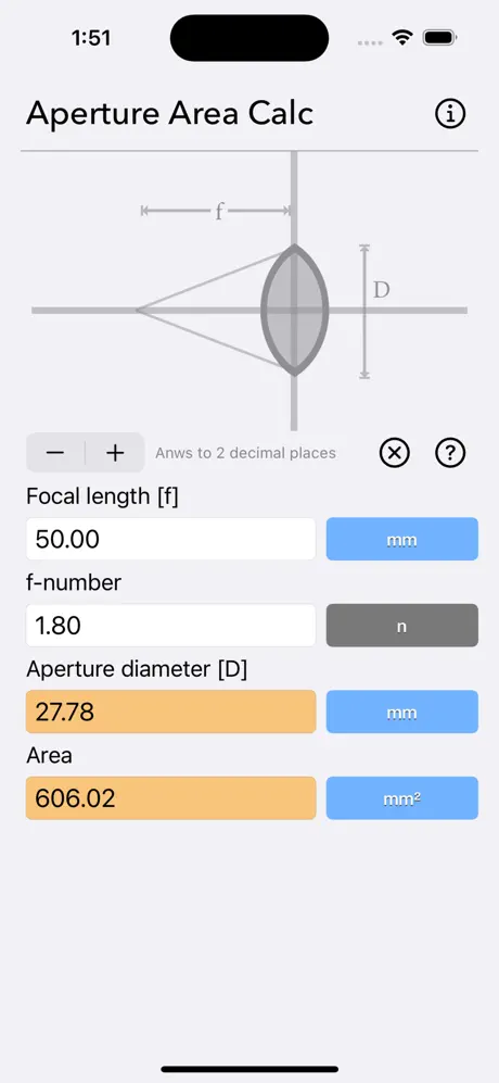 Aperture_Area_Calculator iOS App Screenshot 1