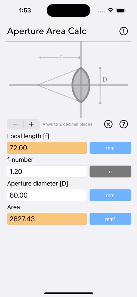 Aperture_Area_Calculator iOS App Screenshot 2