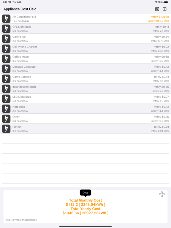 Appliance_Cost_Calculator_Plus iPadOS App Screenshot 2