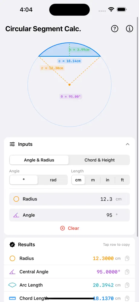 Circular_Segment_Calculator iOS App Screenshot 1