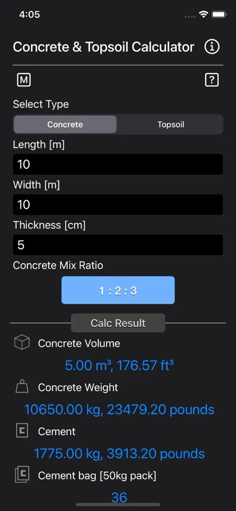 Concrete_and_Topsoil_Calculator iOS App Screenshot 1