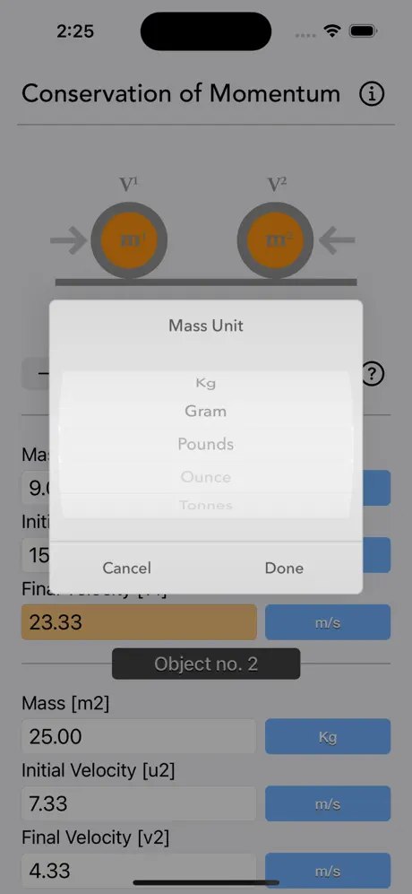 Conservation_of_Momentum_Calc iOS App Screenshot 2