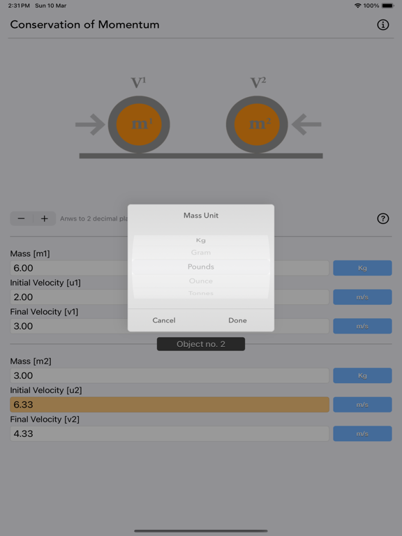Conservation_of_Momentum_Calc iPadOS App Screenshot 2