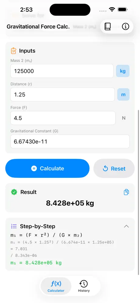 Gravitational_Force_Calculator iOS App Screenshot 2