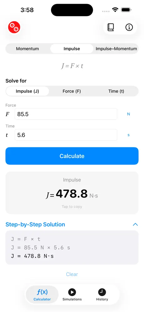 Impulse_and_Momentum_Calc iOS App Screenshot 1