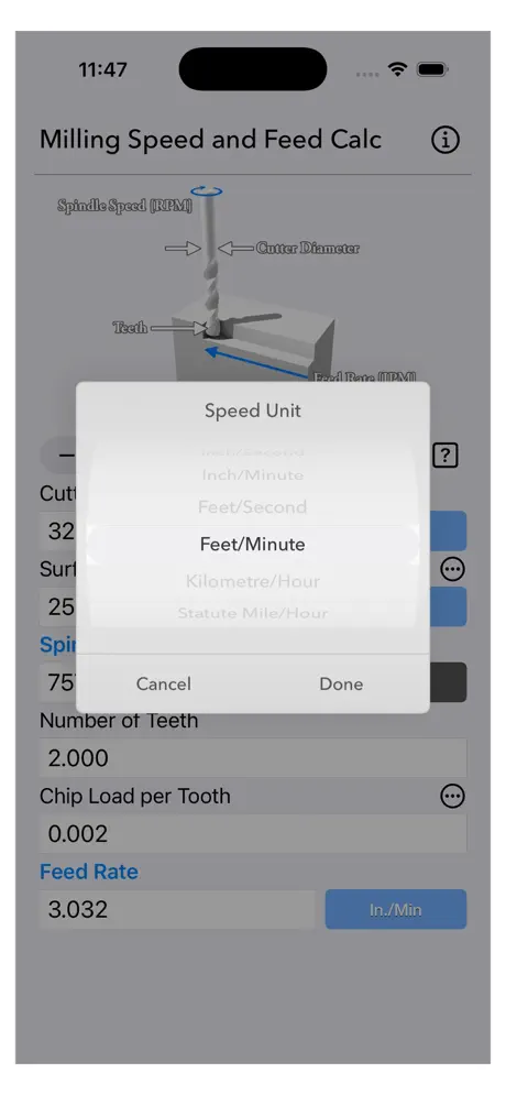Milling_Speed_and_Feed_Calc iOS App Screenshot 2