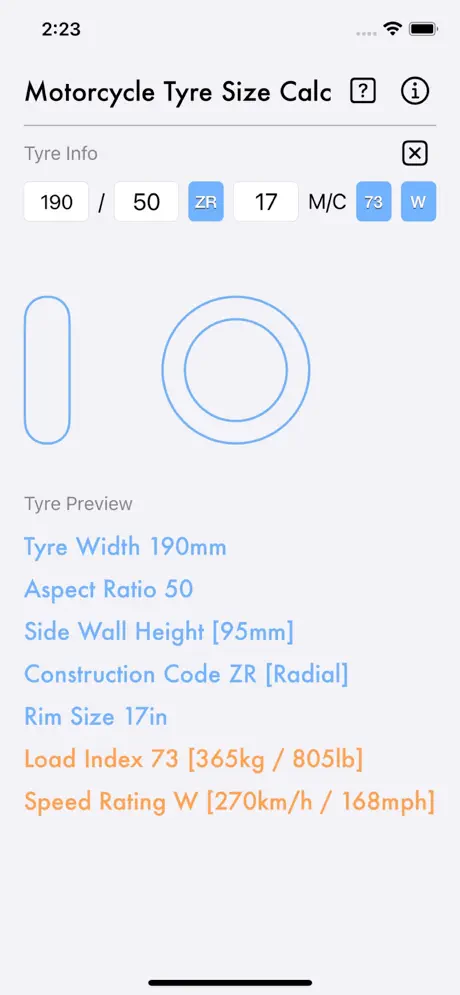 Motorcycle_Tyre_Size_Calc iOS App Screenshot 1