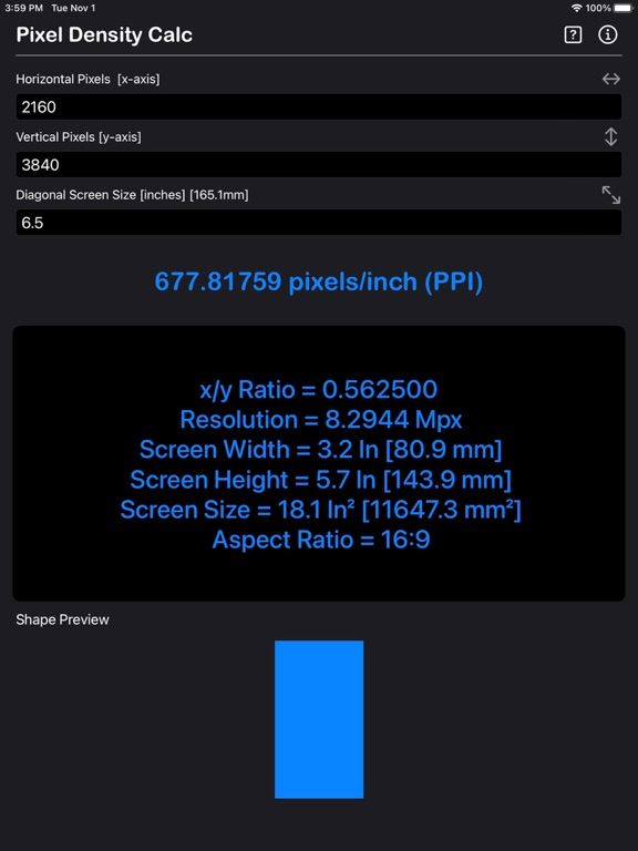 Pixel_Density_Calculator iPadOS App Screenshot 1