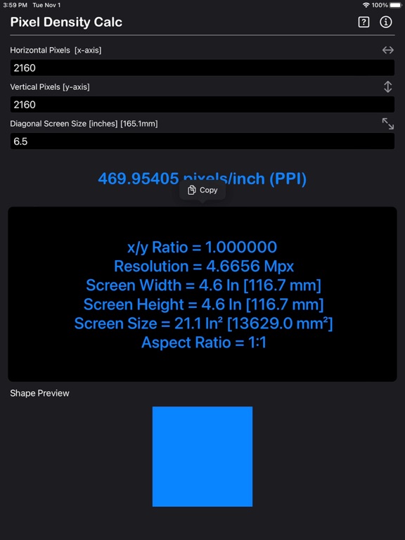 Pixel_Density_Calculator iPadOS App Screenshot 2