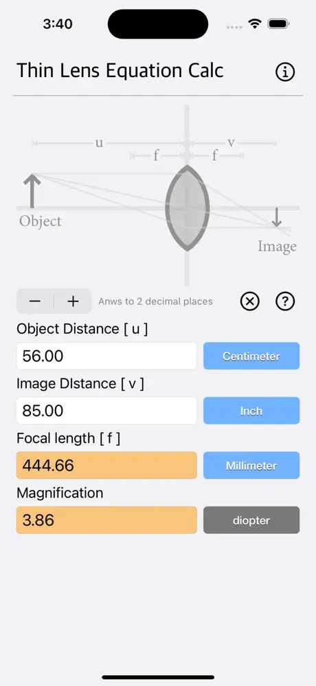 Thin_Lens_Equation_Calc iOS App Screenshot 1