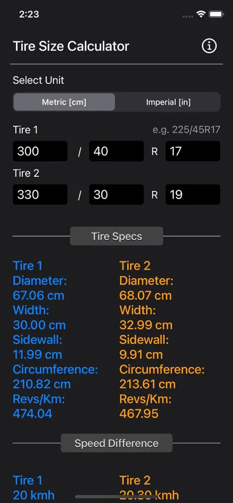 Tire_Size_Calculator_Plus iOS App Screenshot 1