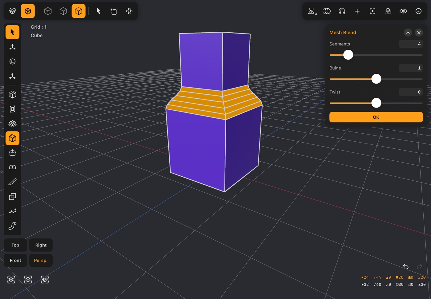 Mesh Blend lofting a bulged bridge between the facing ends of two boxes