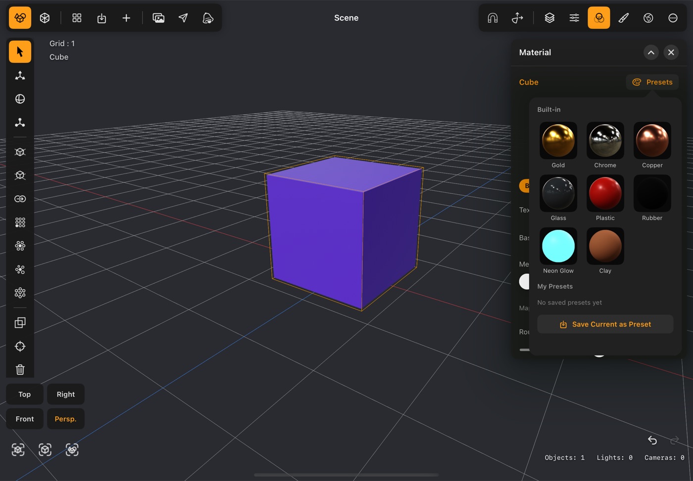 The material preset grid with metal, glass and glowing swatches