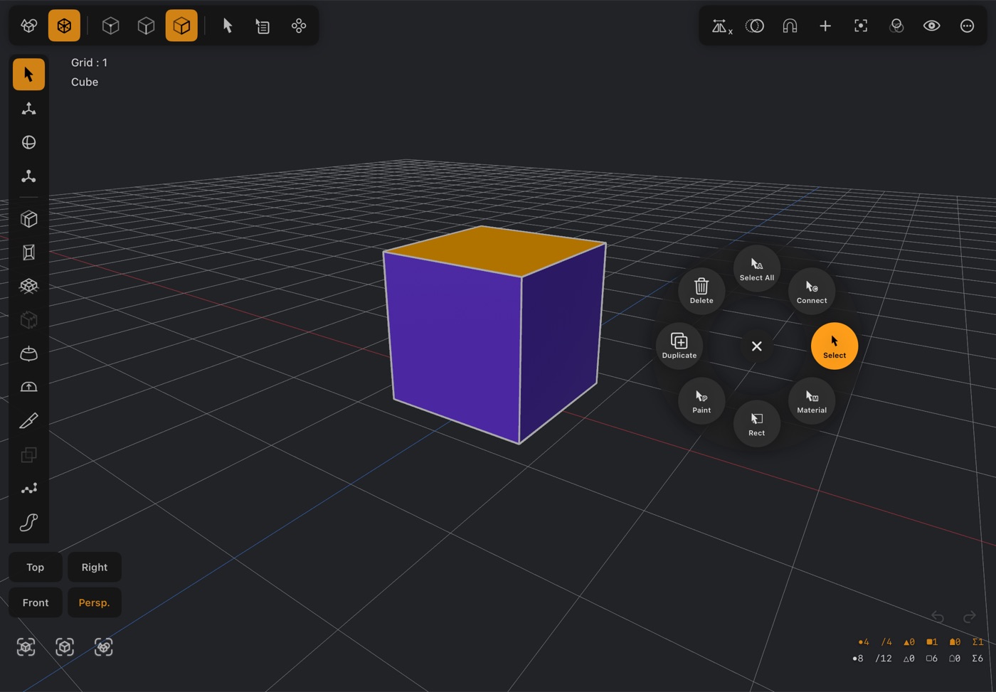 A circle of eight command buttons open beside a cube in the Modeler