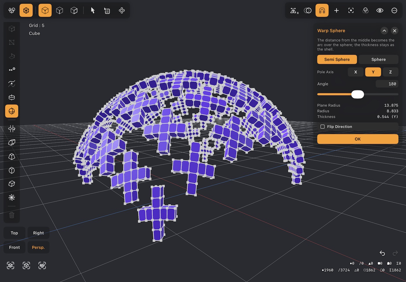 Warp Sphere bending a slab into a dome in DGArt:RT