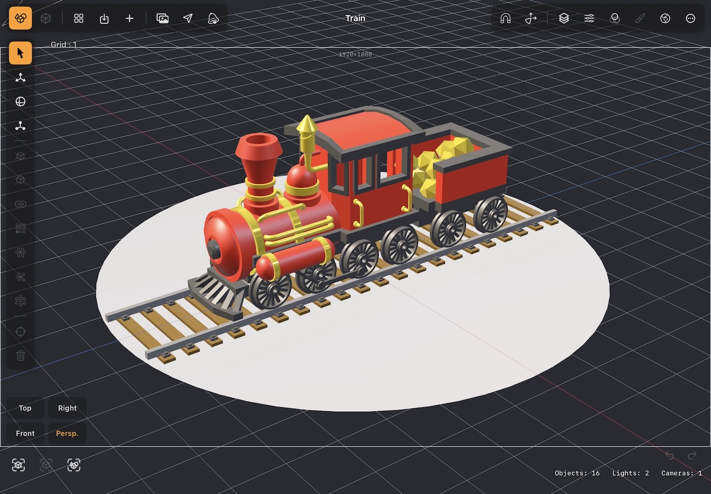 Scene mode showing two stilt houses on a base, with the tool bars around the viewport
